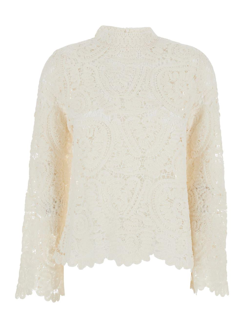 loulou studio white sweater with mock neck and all-over embroidery in silk woman