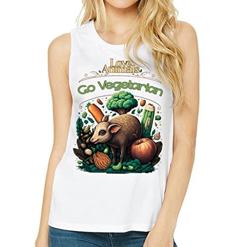 love animals go vegetarian print women's muscle tank - art tank top - plants workout tank - white, l