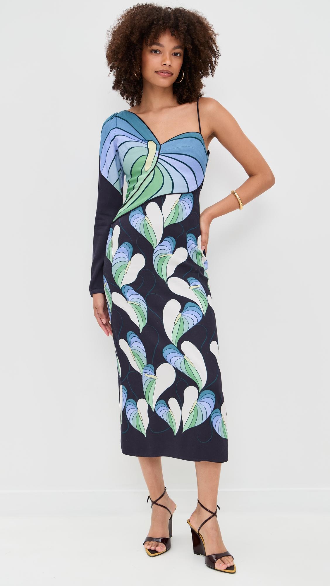 lovely anthurium one shoulder midi dress