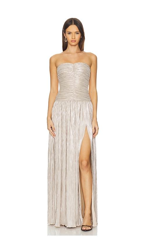lovers and friends elia gown in metallic gold.