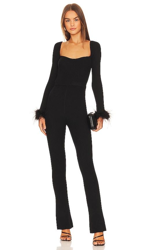 lovers and friends evana feather jumpsuit in black.