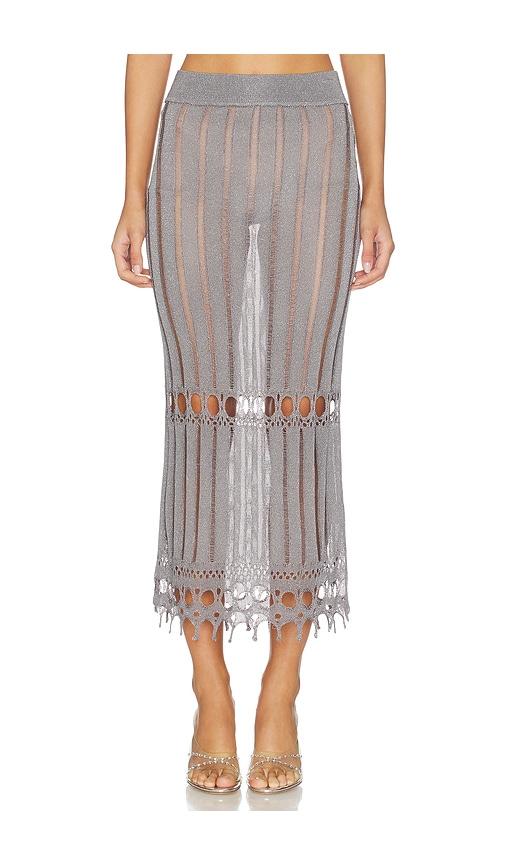 lovers and friends francie metallic knit maxi skirt in metallic silver.