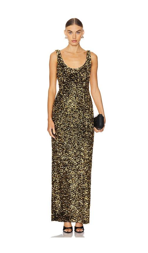 lovers and friends ginger sequin gown in metallic gold.