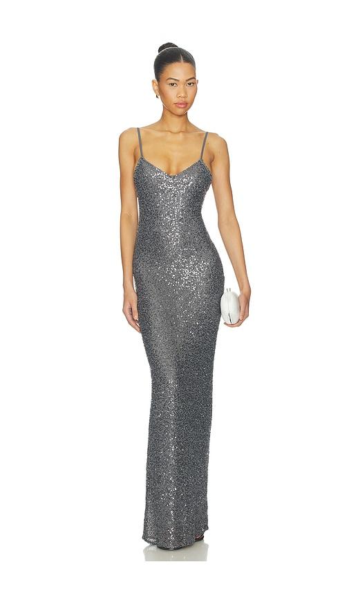 lovers and friends kaye gown in metallic silver.