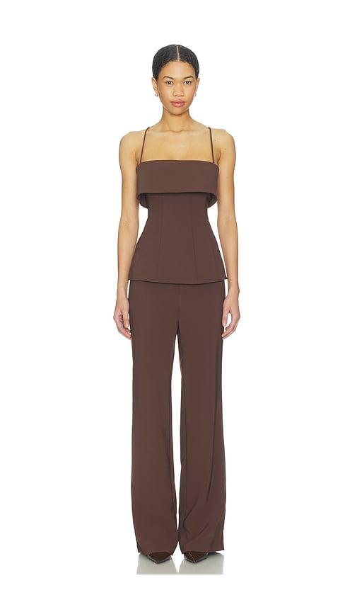 lovers and friends kira jumpsuit in chocolate.