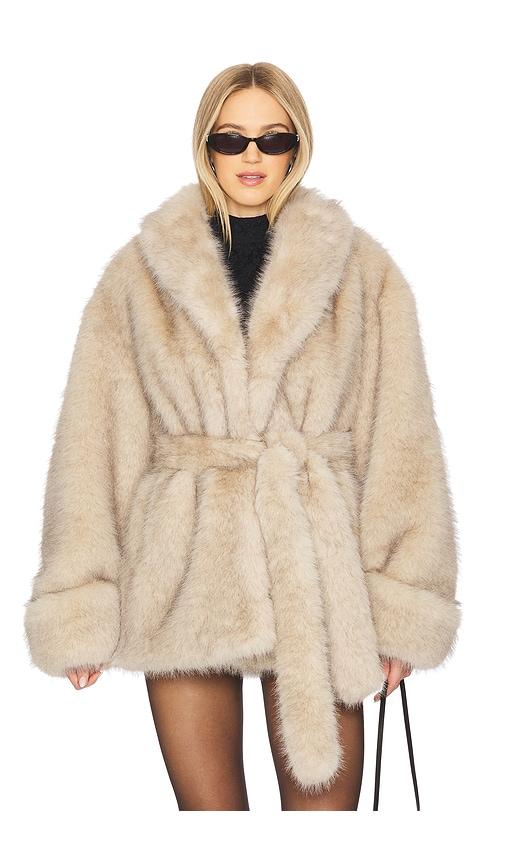 lovers and friends margot faux fur coat in neutral.