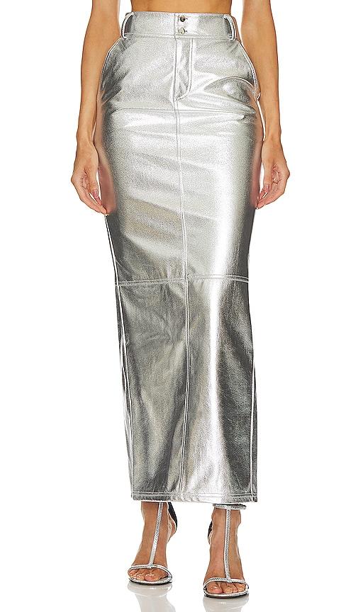 lovers and friends monique faux leather maxi skirt in metallic silver.