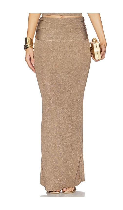 lovers and friends renna ruched waist maxi skirt in metallic bronze.