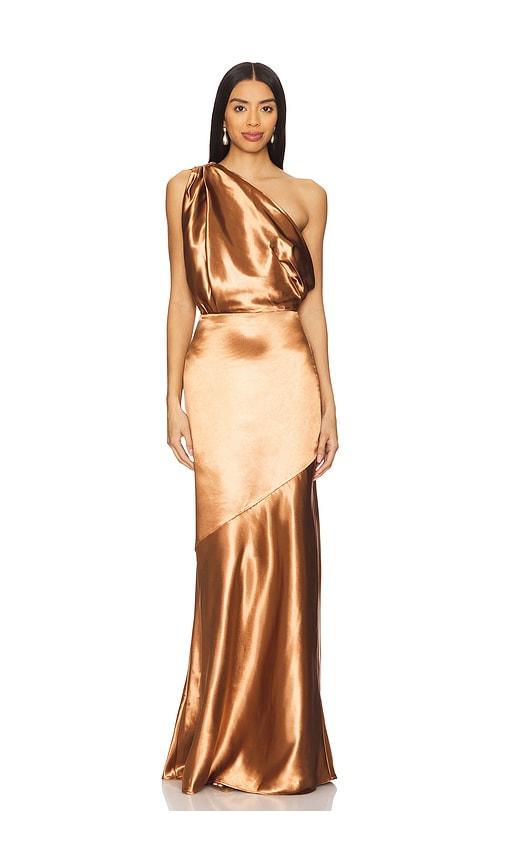 lovers and friends sheridan gown in metallic copper.