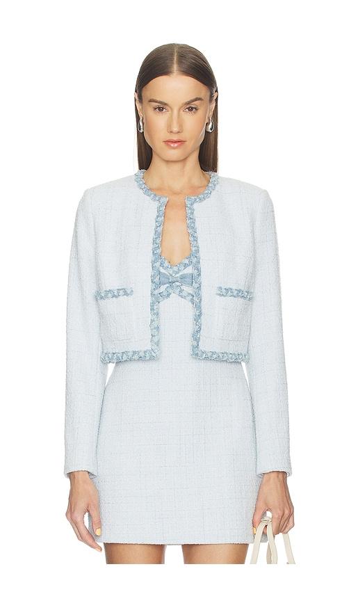 loveshackfancy azula jacket in baby blue.