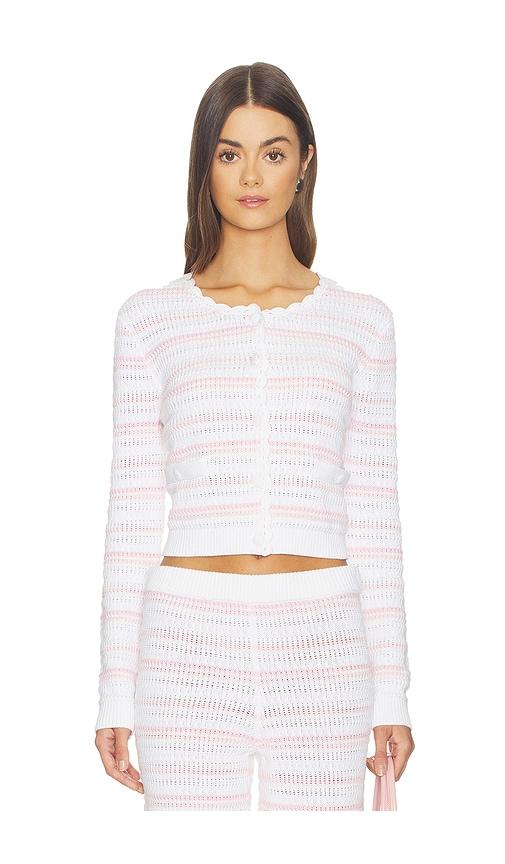 loveshackfancy dessa cardigan in pink,white.