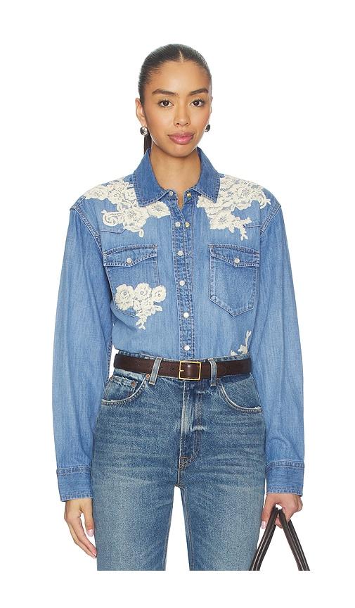 loveshackfancy kelith shirt in blue.