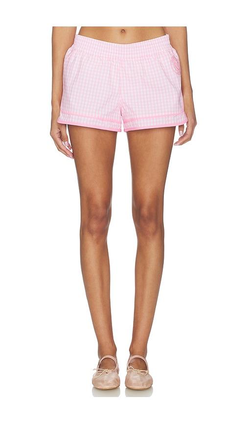 loveshackfancy lavey short in pink.