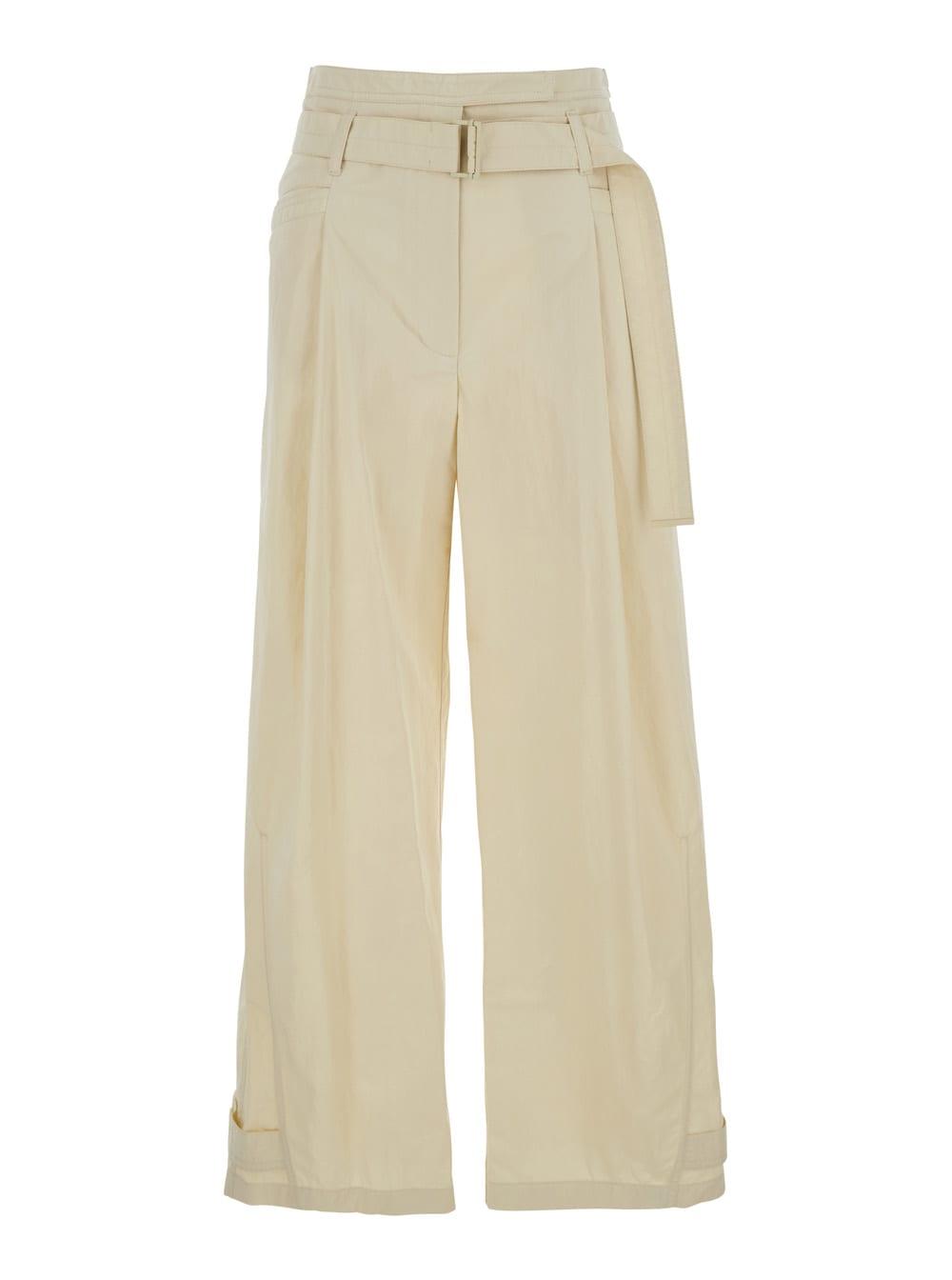 low classic beige pants with double belt and pleated details in cotton blend woman