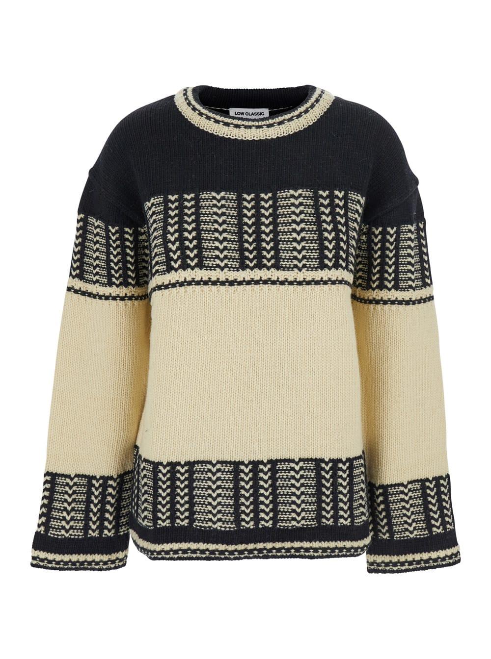 low classic black and white crew neck sweaterwith all-over intarsia in wool woman