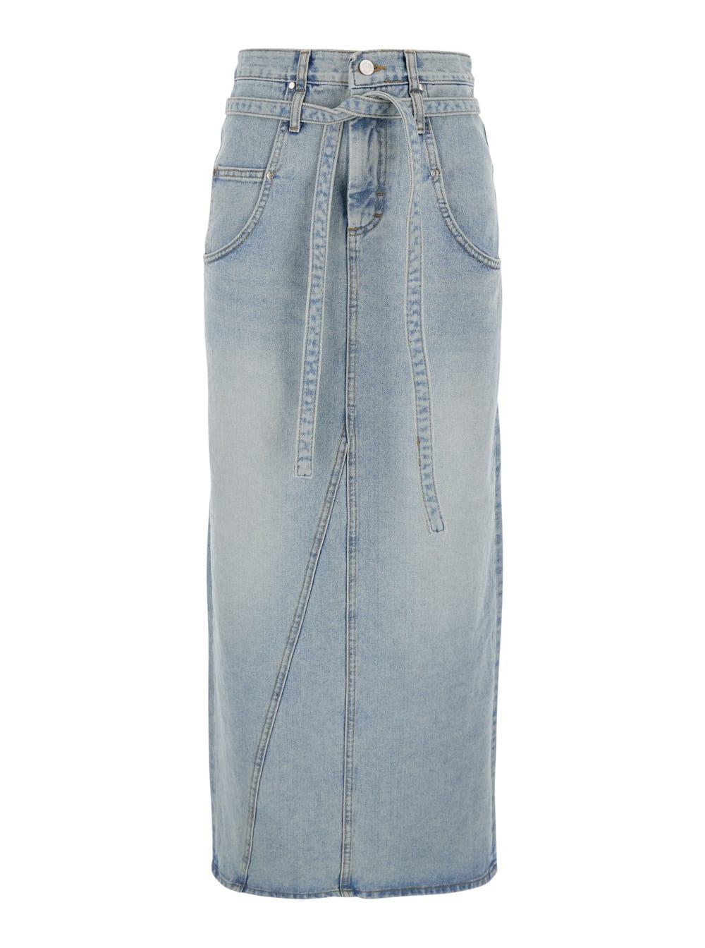 low classic blue high-waisted skirt with belt on the waist and rear single slit in denim woman