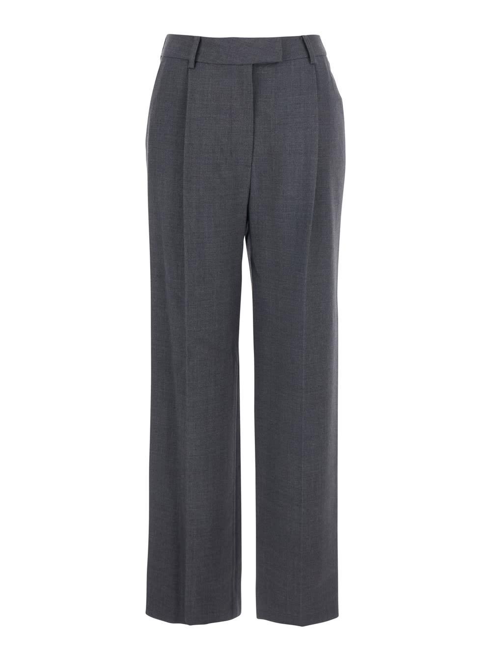 low classic grey pants with buckled belt on the rear and wide leg in wool blend woman