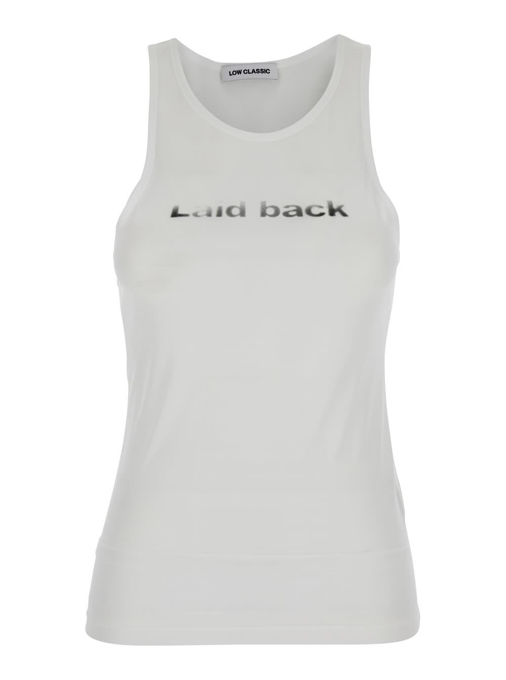 low classic laid back white sleeveless top with round neck and print on the front in tech fabric woman