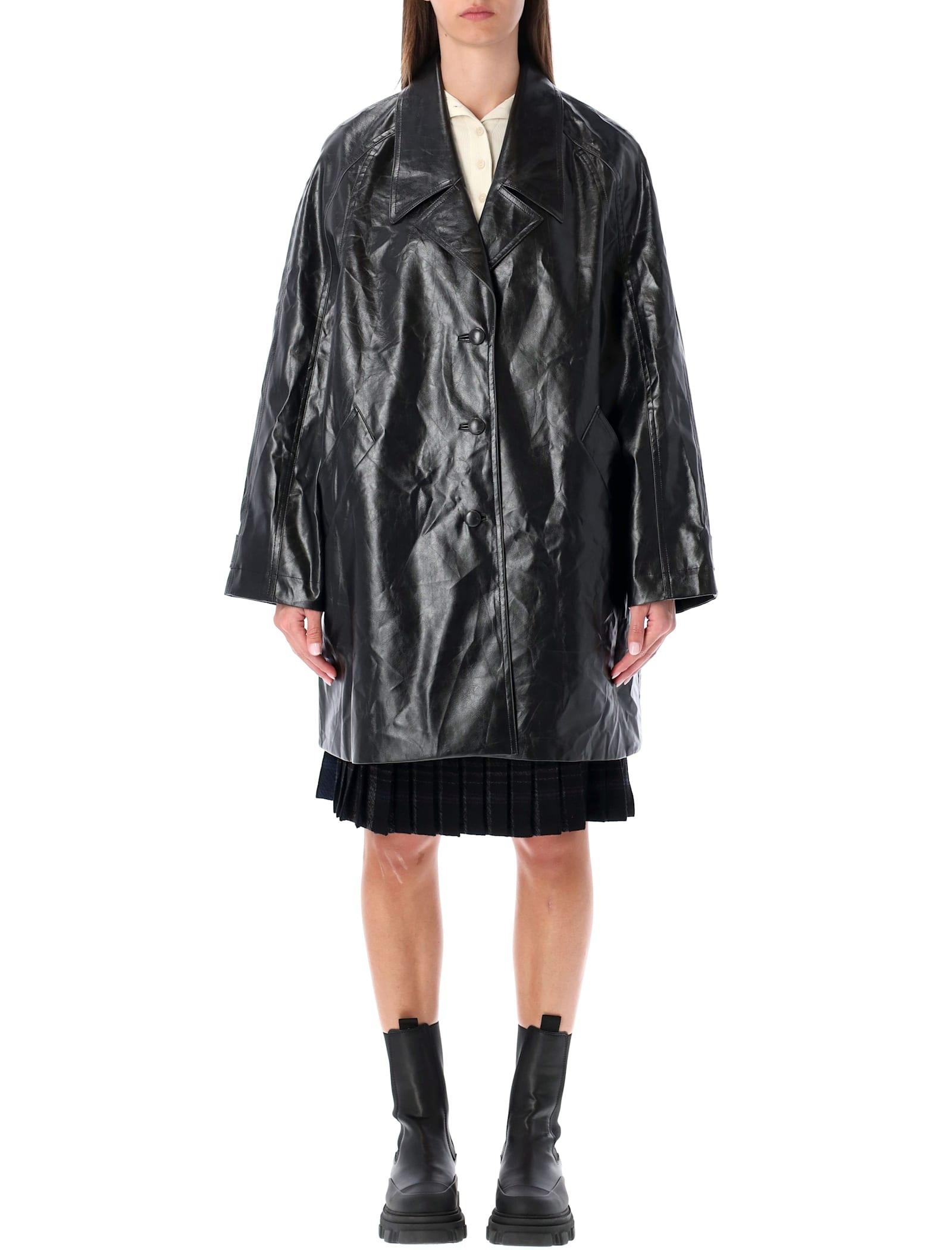 low classic oversized black faux leather coat