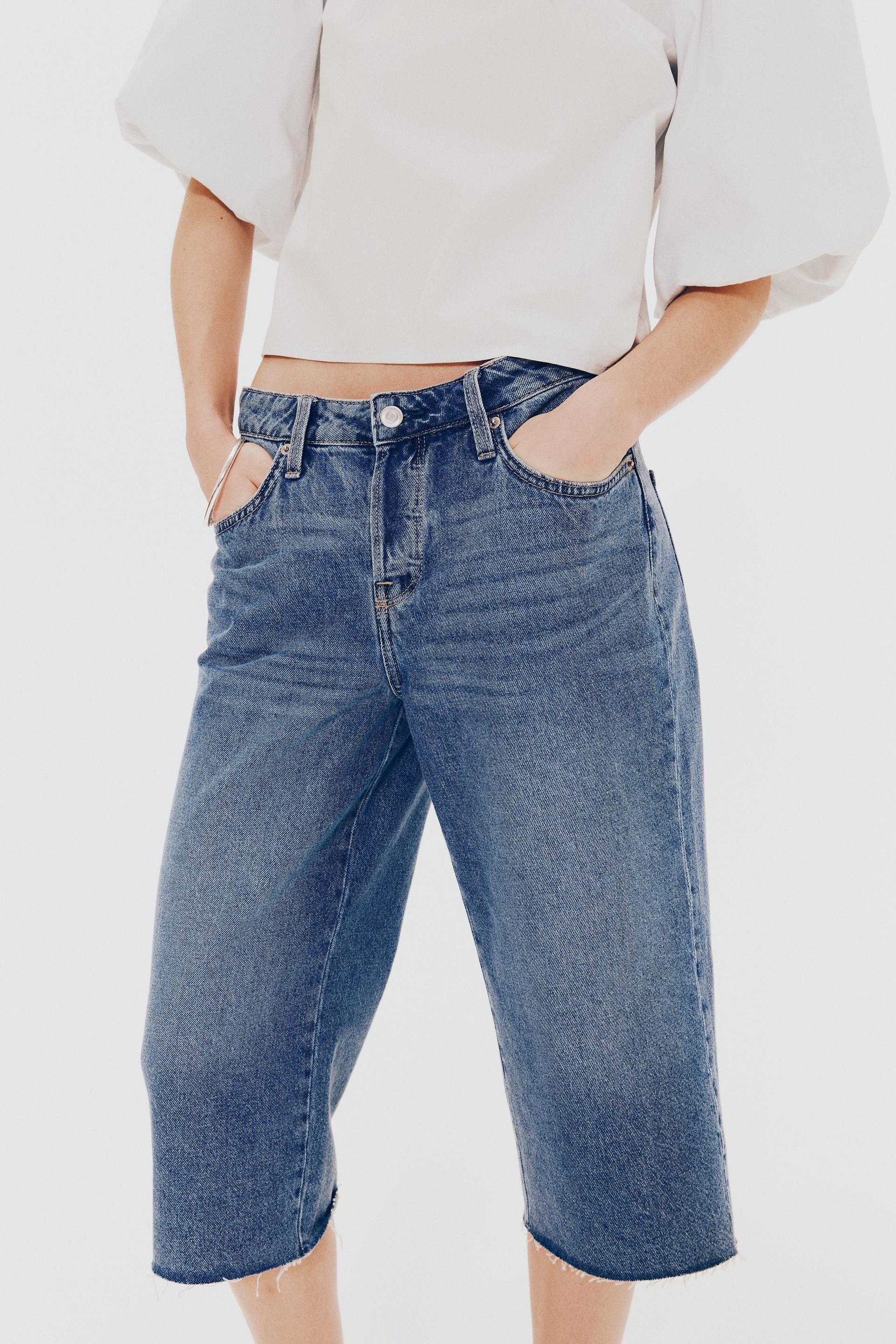 low knee-length denim shorts