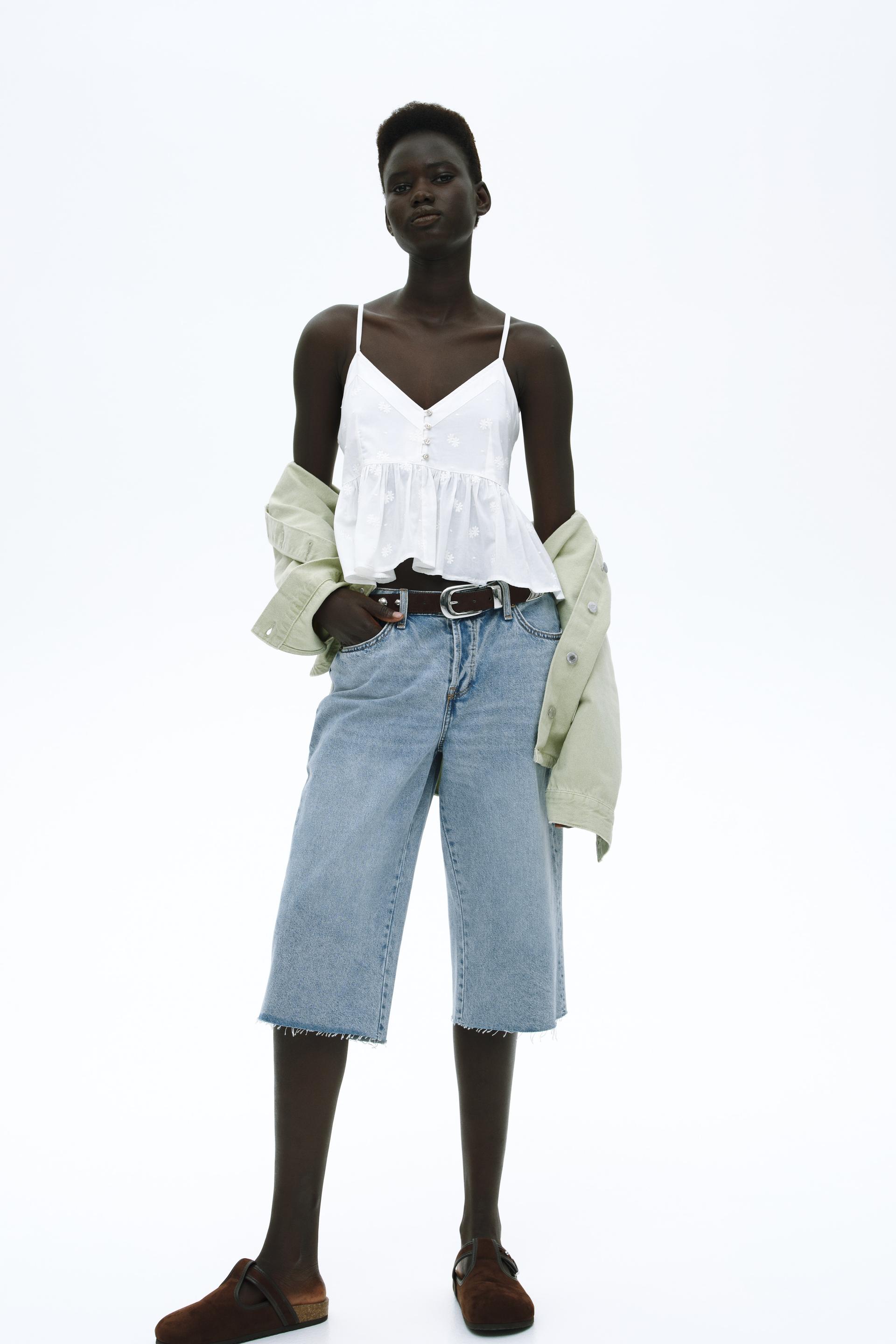 low knee-length denim shorts