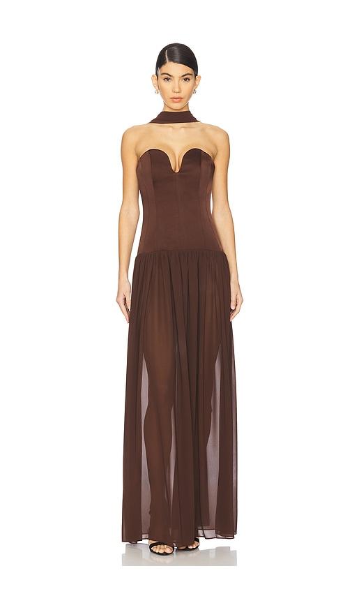 lpa ada corset maxi dress in brown.