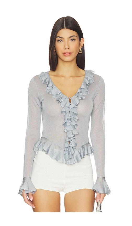 lpa attison ruffle cardigan in metallic silver.