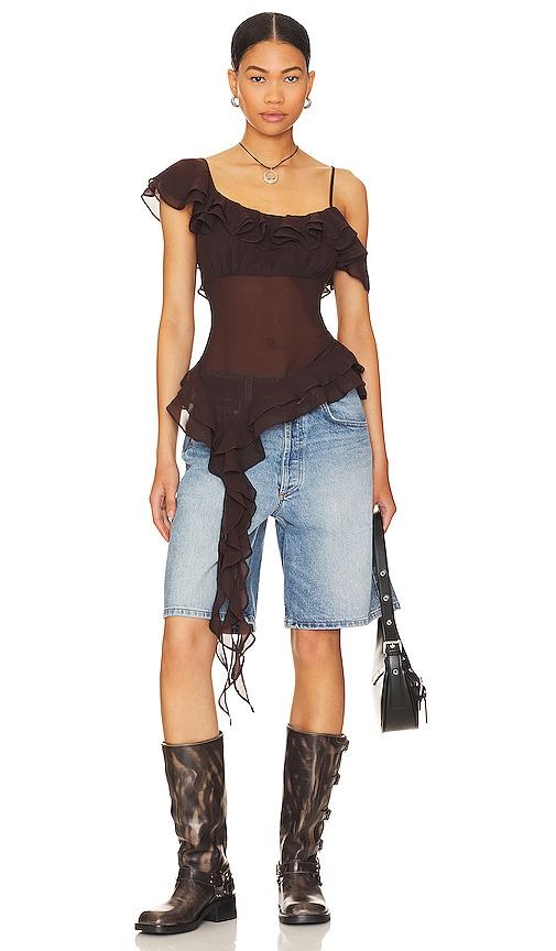 lpa jess flounce scarf top in chocolate.