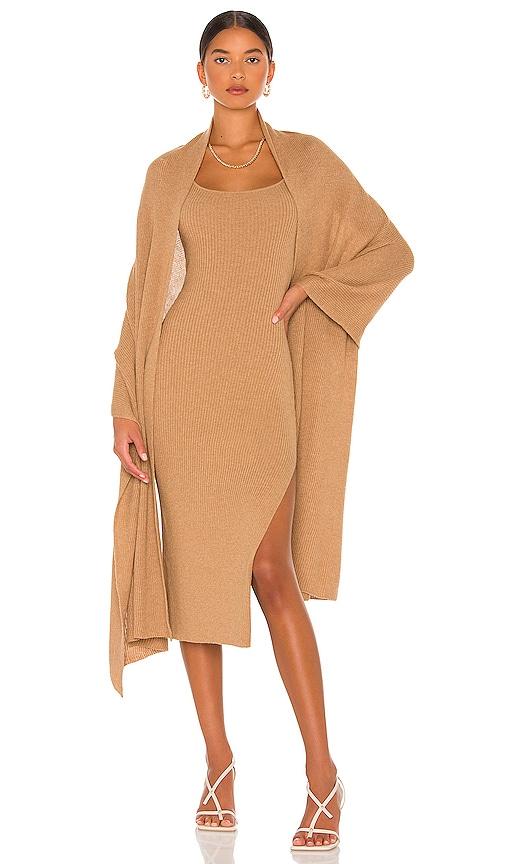 lpa salmah dress with detachable shawl in tan.