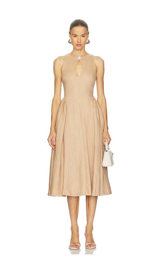 lpa seina midi dress in taupe.