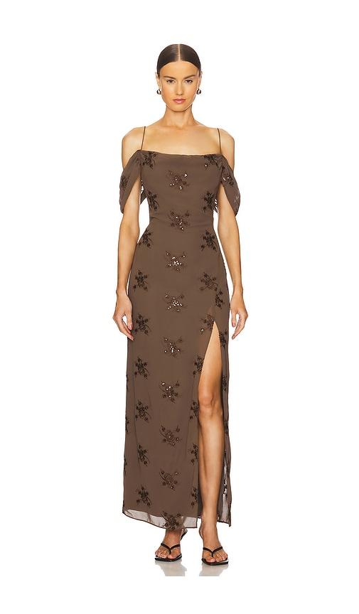lpa yvanna embroidered maxi dress in brown.