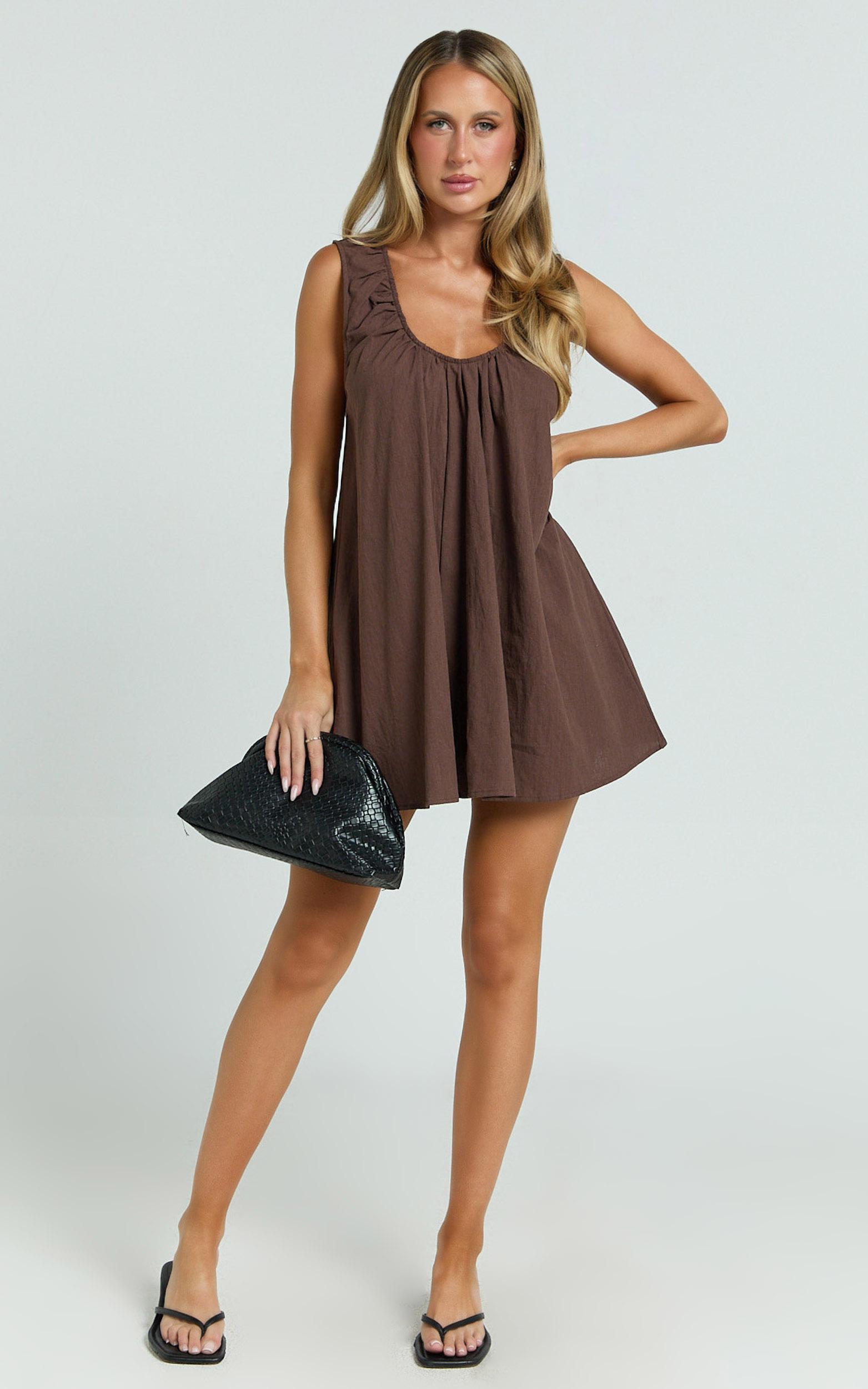 lucinda mini dress - deep u gathered neck smock dress in chocolate