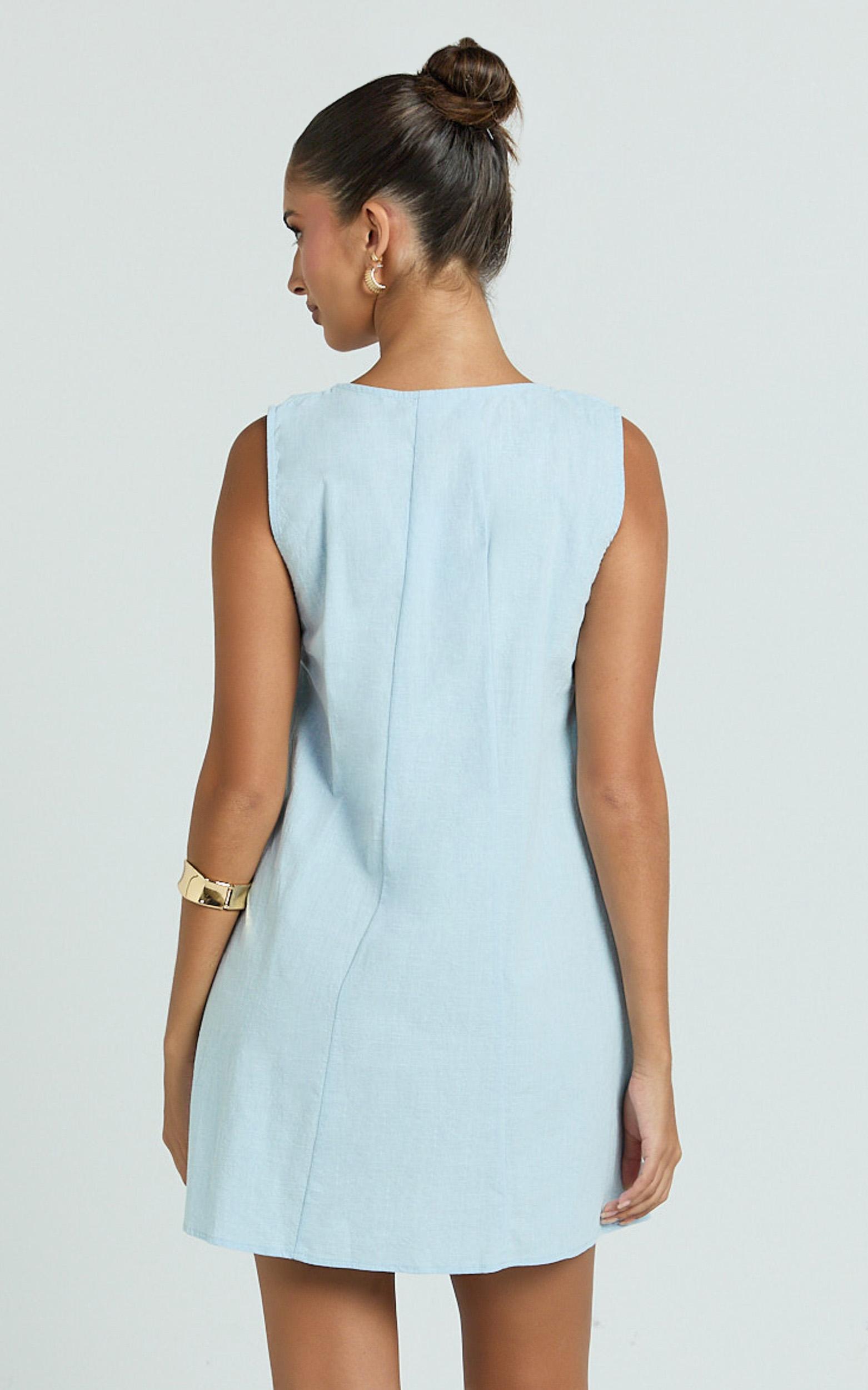 lucinda mini dress - deep u gathered neck smock dress in pale blue