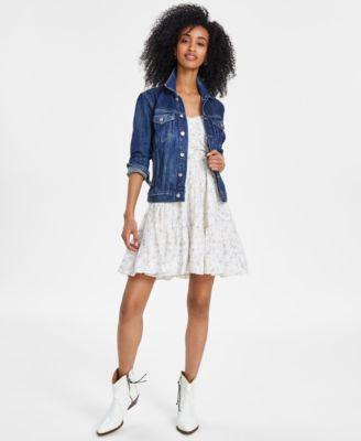 lucky brand womens cotton denim trucker jacket sweetheart neck cinched bodice mini dress