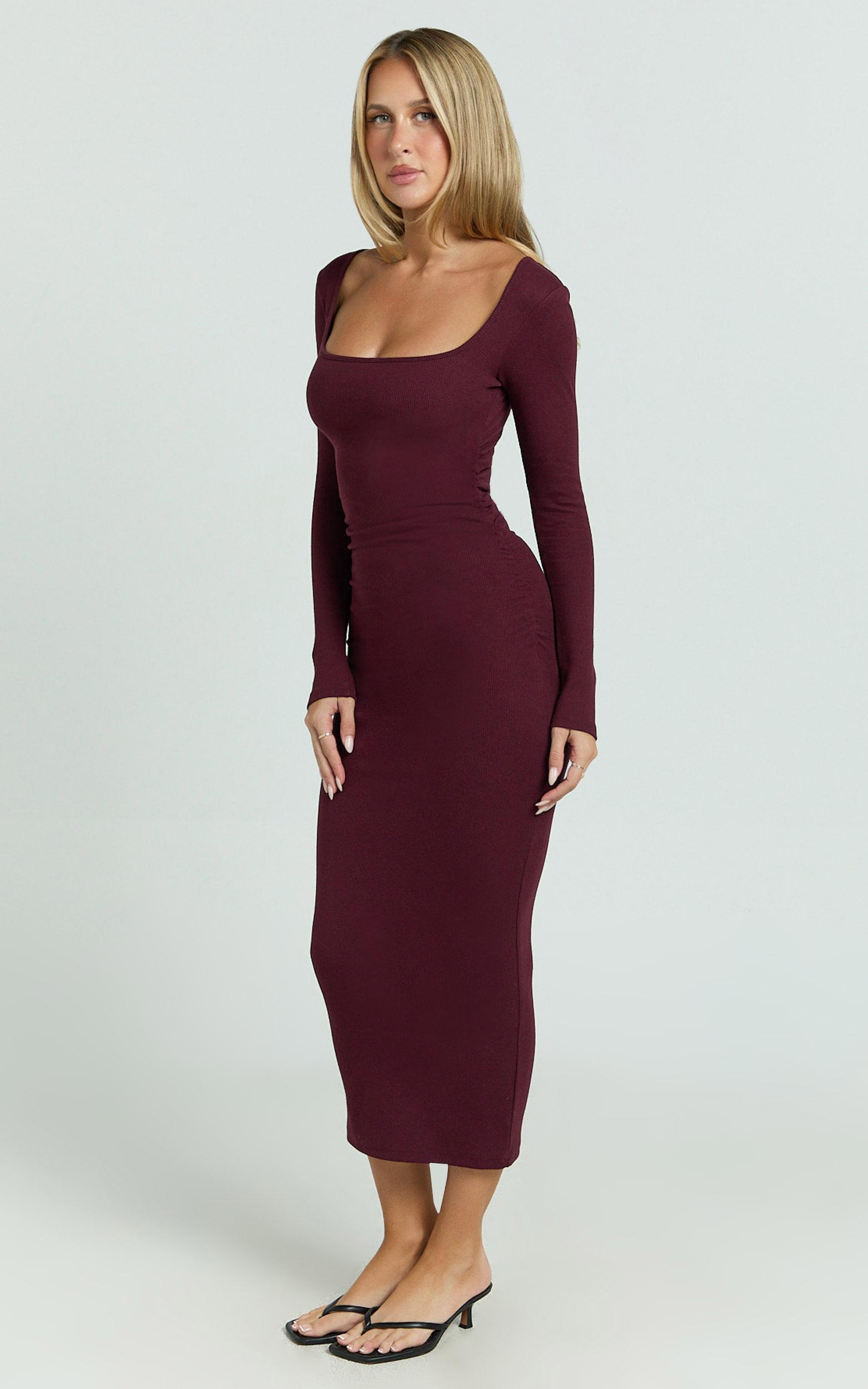 lucy midi dress - ribbed side ruched bodycon dress in wine