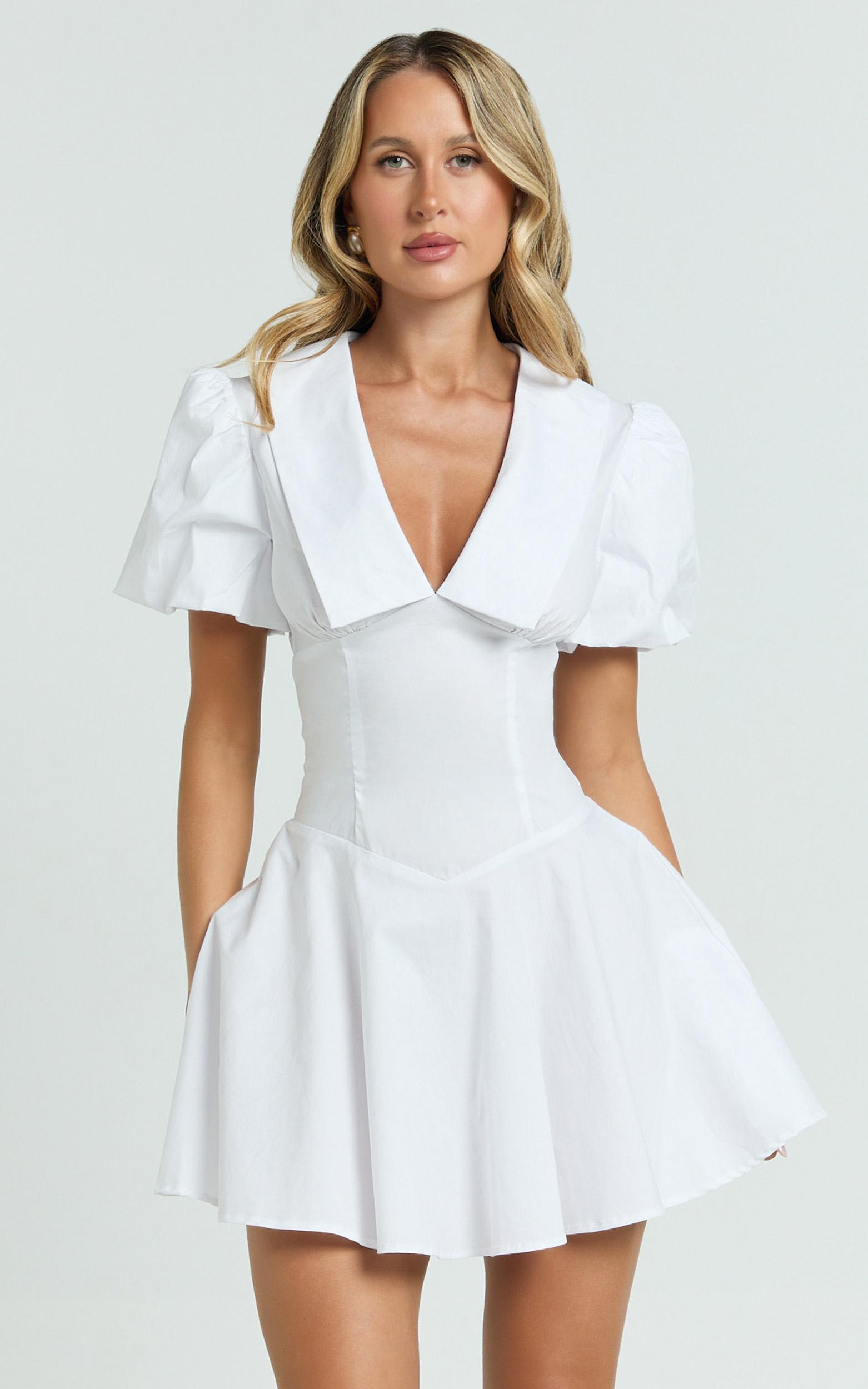 lucy mini dress - deep v oversized collar puff sleeve a line dress in white