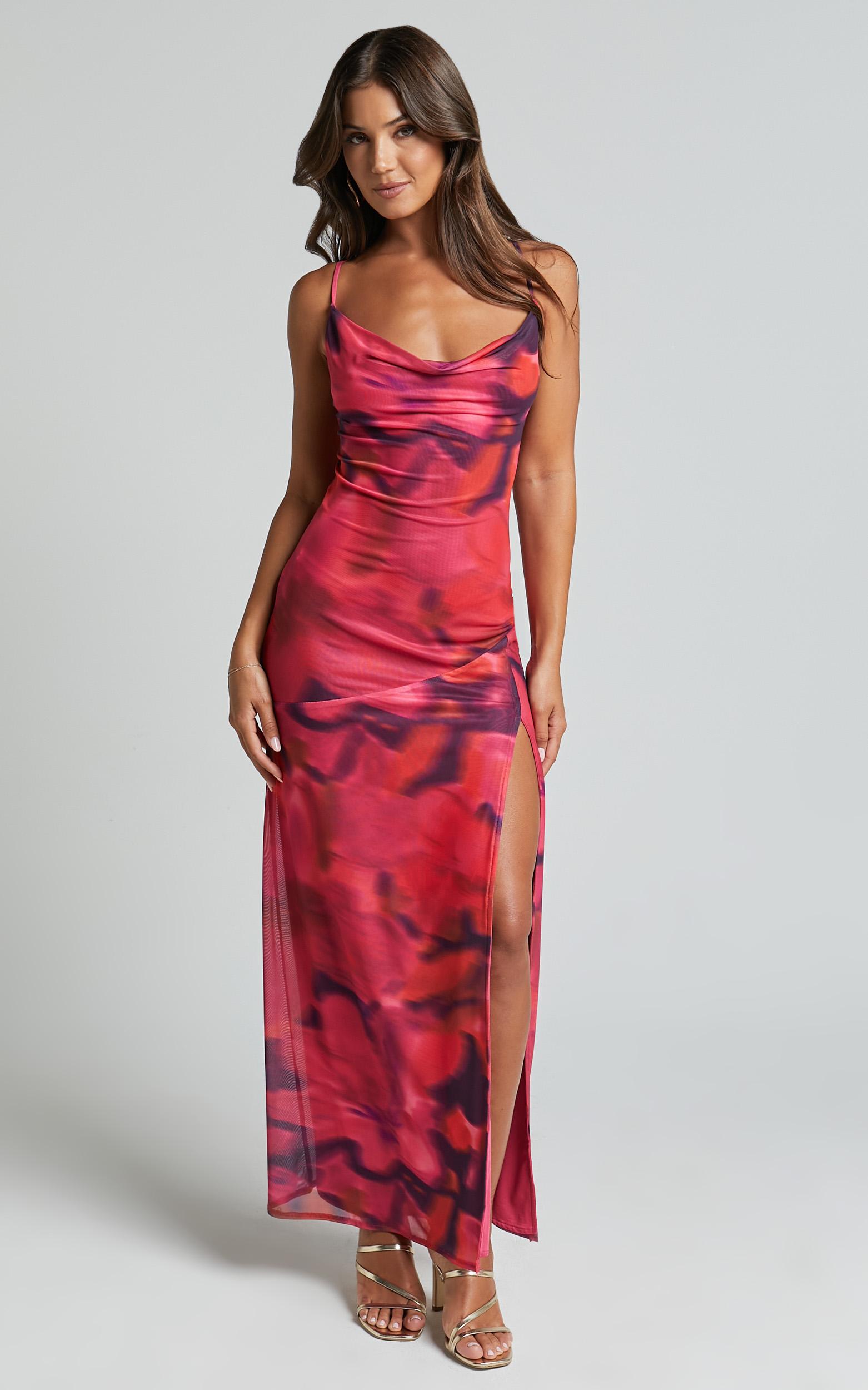 lula maxi dress - cowl neck thigh split dress in adeana print