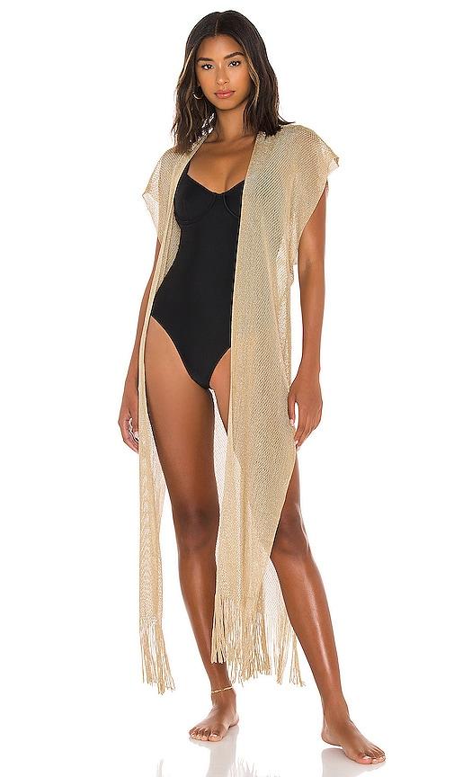 luli fama golden queen long caftan in metallic gold.
