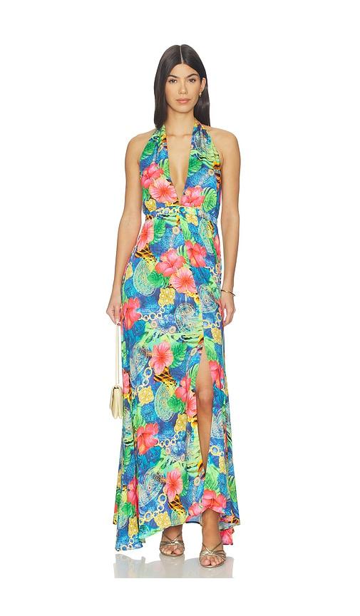 luli fama jungle reign convertible maxi dress in blue,green.