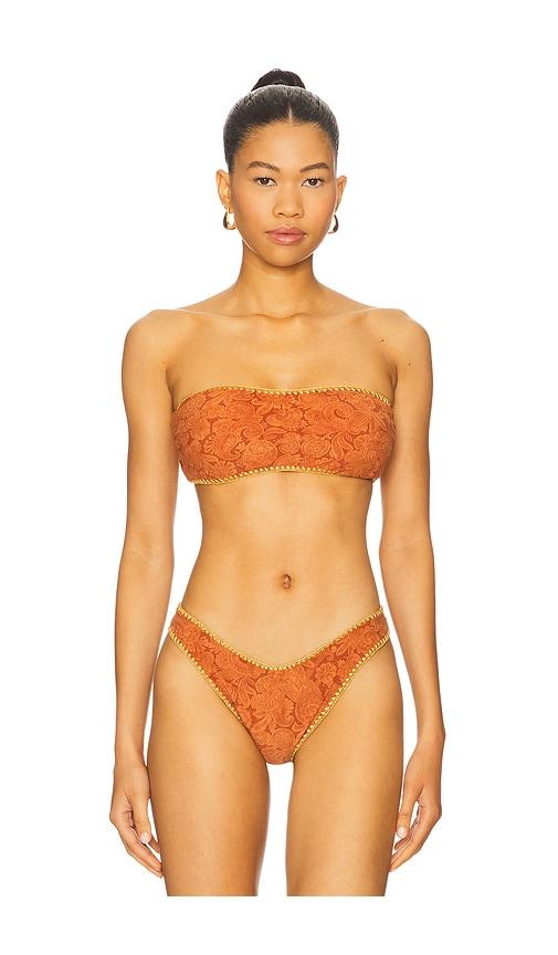 luli fama luxe stitch free form removeable bandeau bikini top in rust.