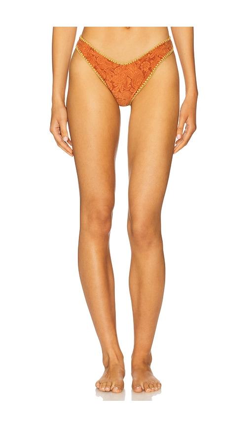 luli fama luxe stitch high leg brazilian bikini bottom in rust.