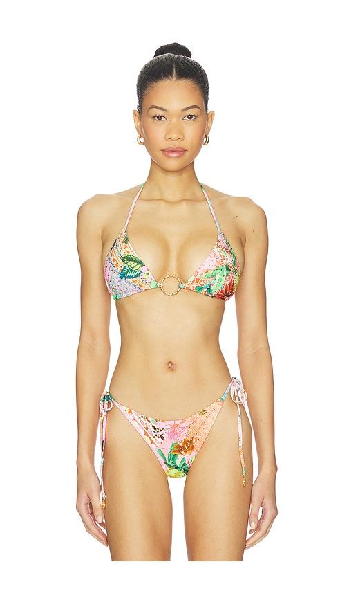 luli fama ring seamless crystallized bikini top in pink,green.