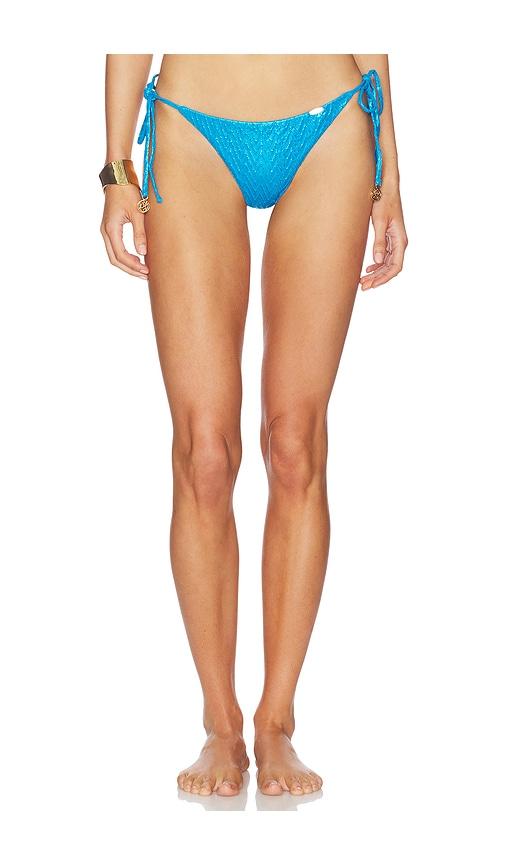 luli fama seamless ruched back brazilian tie bikini bottom in blue.