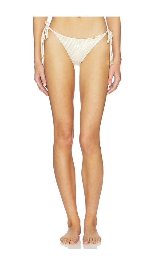 luli fama seamless ruched back brazilian tie bottoms in metallic neutral.