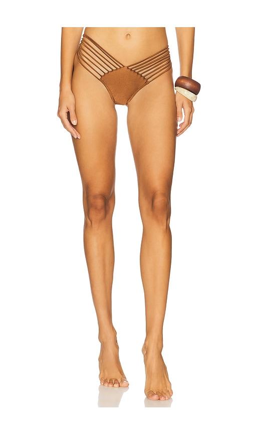 luli fama strappy brazilian ruched back bikini bottom in brown.