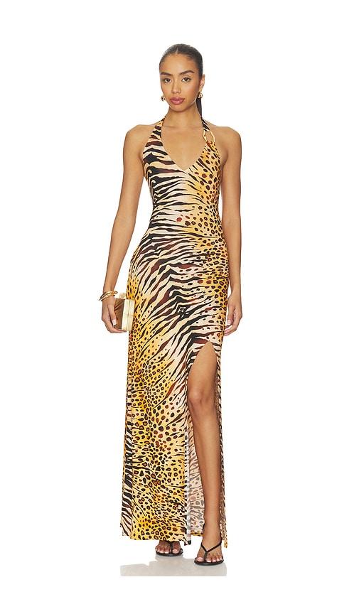 luli fama tigressa ring halter long dress in orange,black.