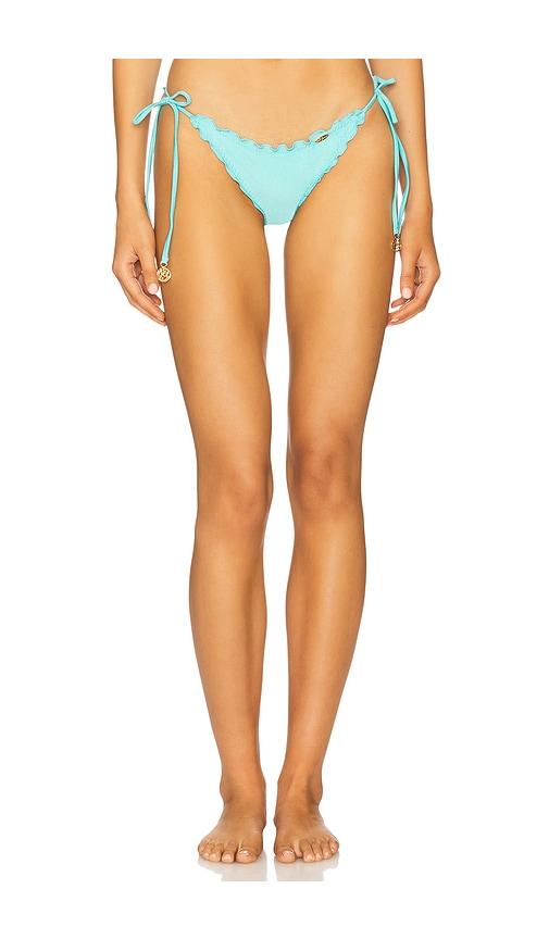 luli fama wavey brazilian tie side ruched back bikini bottom in blue.