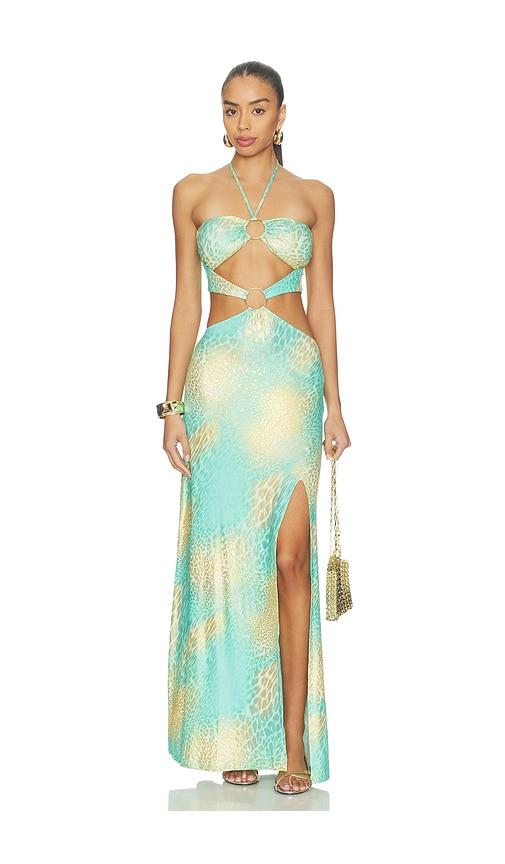 luli fama x revolve double loop bandeau long dress in teal.