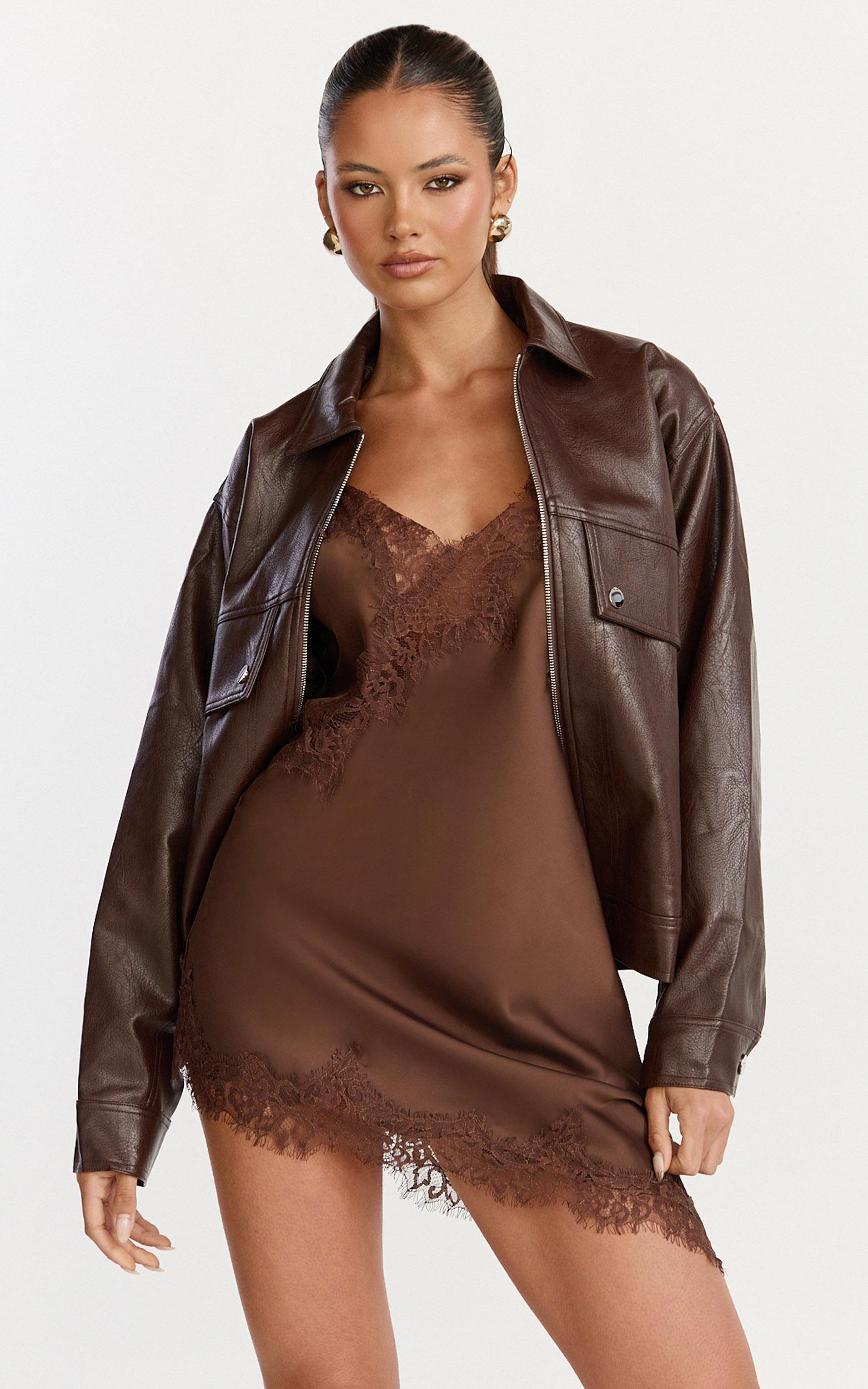 lumi jacket - faux leather bomber jacket in chocolate