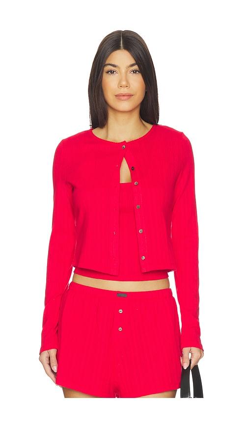 lunya pointelle crew neck cardigan in red.